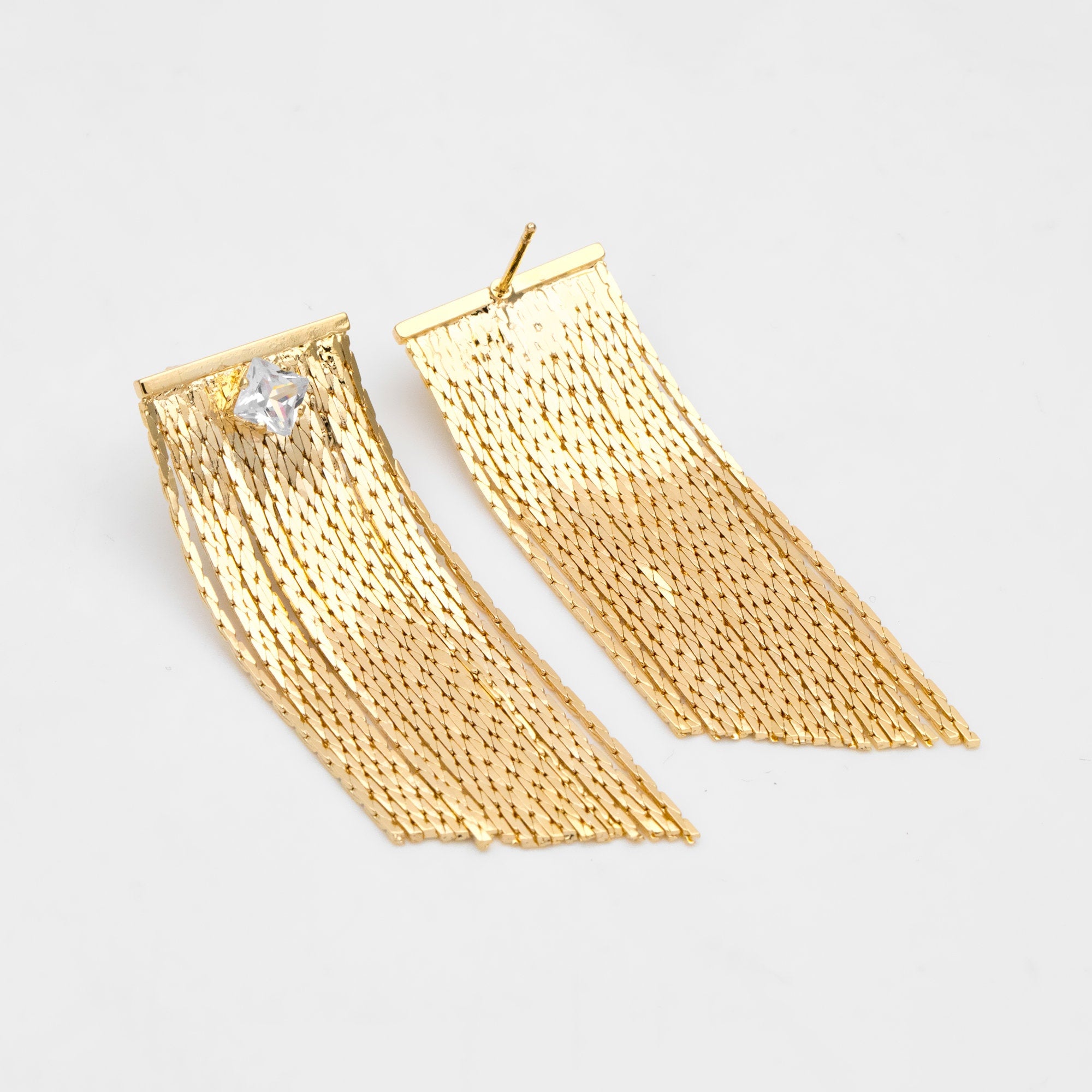 4pcs CZ Pave Chain Tassel Earrings, Long Tassel Stud Earring, Gold Dangling Earrings, Minimalist Earrings (GB-3483)