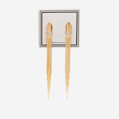 4pcs Gold Oval Disc Tassel Earring, 120mm, 18K Gold plated Brass Dangling Stud Earring (GB-3485)