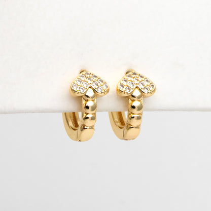 4pcs CZ Pave Heart Hoop Earrings, 12mm, Dainty Huggie Earrings, Minimalist Earring, Gold Hoops Earring (GB-3477-G)