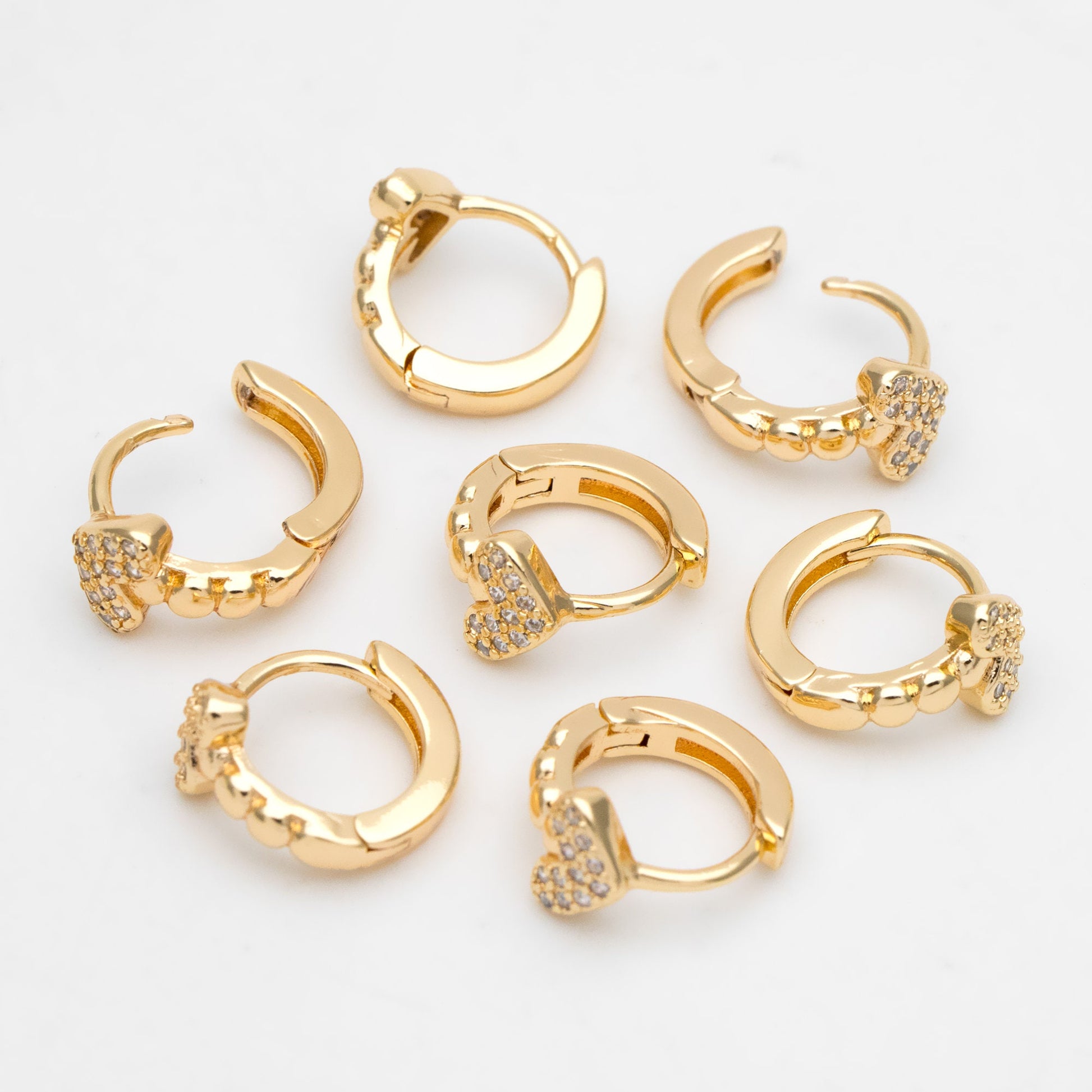 4pcs CZ Pave Heart Hoop Earrings, 12mm, Dainty Huggie Earrings, Minimalist Earring, Gold Hoops Earring (GB-3477-G)