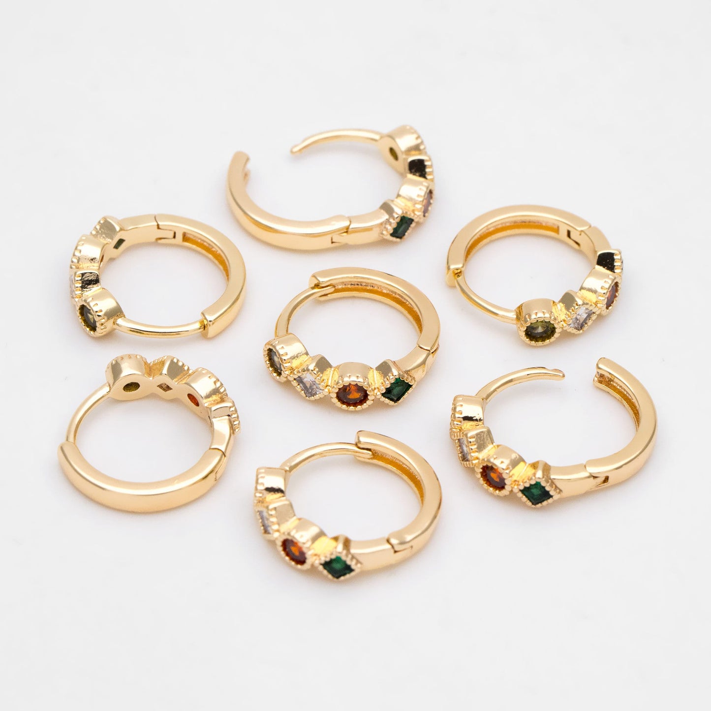 4pcs Rainbow CZ Pave Hoop Earrings: 18K Gold Huggie Earrings (GB-3453)