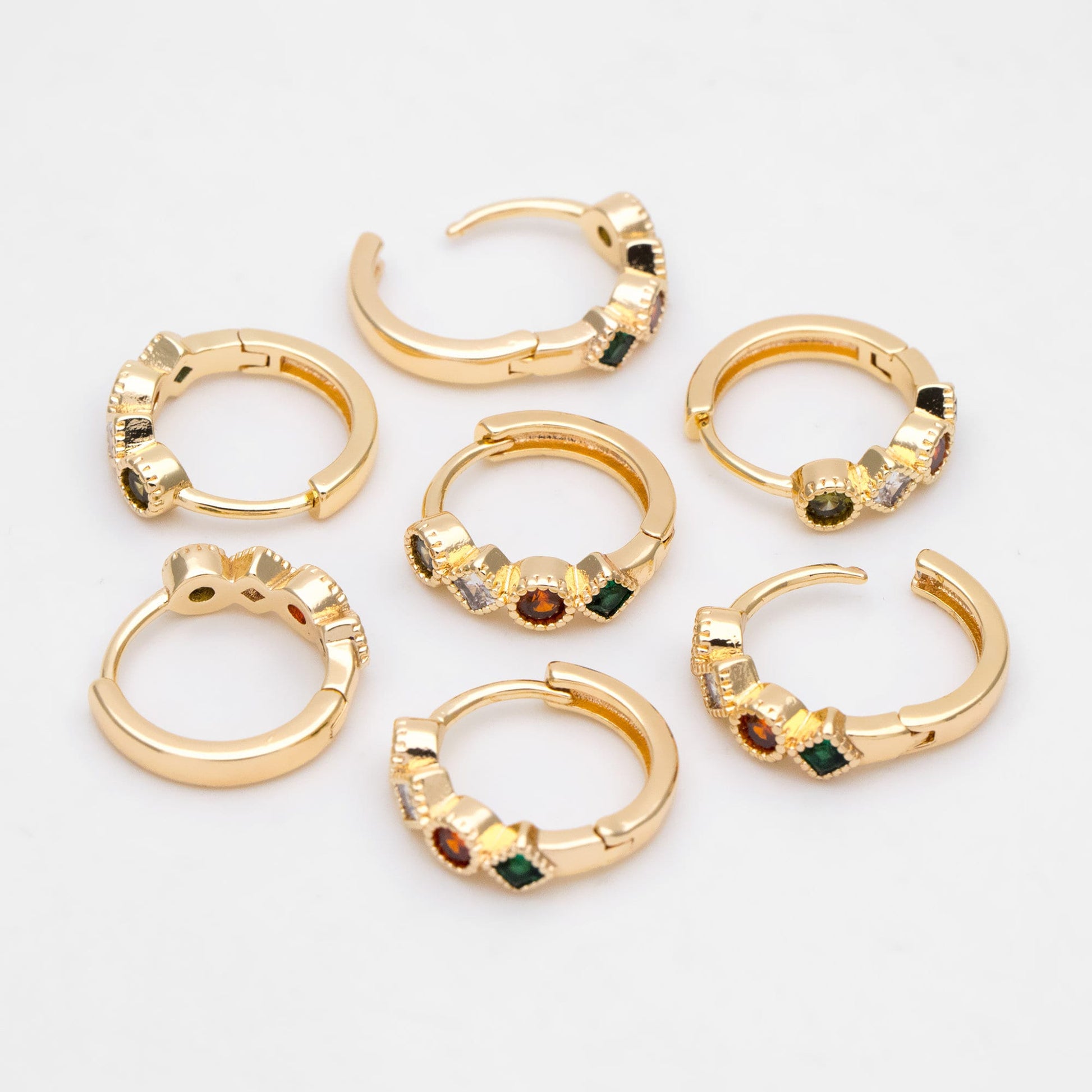 4pcs Rainbow CZ Pave Hoop Earrings: 18K Gold Huggie Earrings (GB-3453)