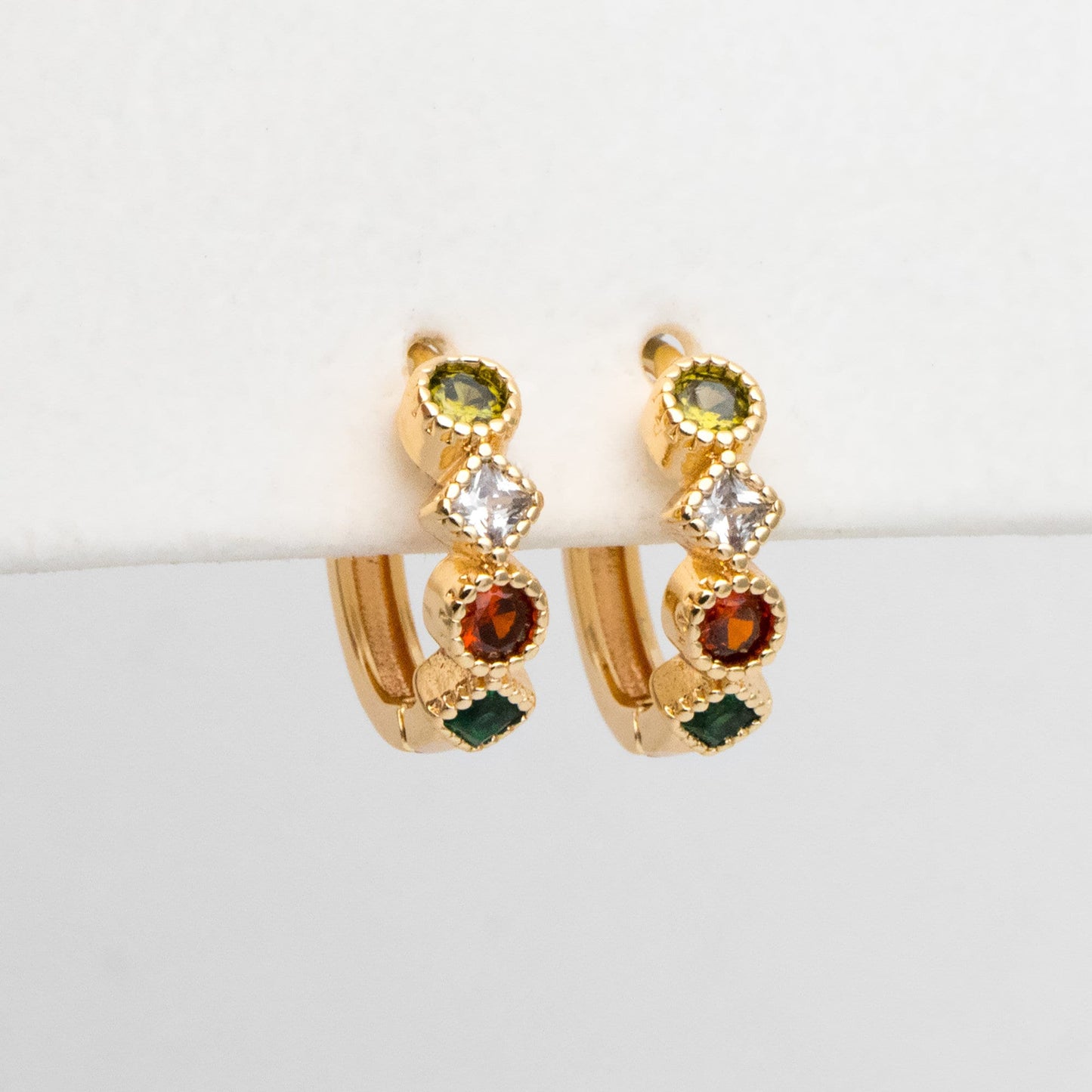 4pcs Rainbow CZ Pave Hoop Earrings: 18K Gold Huggie Earrings (GB-3453)
