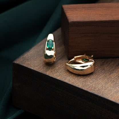 4pcs Emerald CZ Pave Hoop Earrings, 18K Gold plated Brass, Oval Huggie Leverback Ear Hooks (GB-3456)