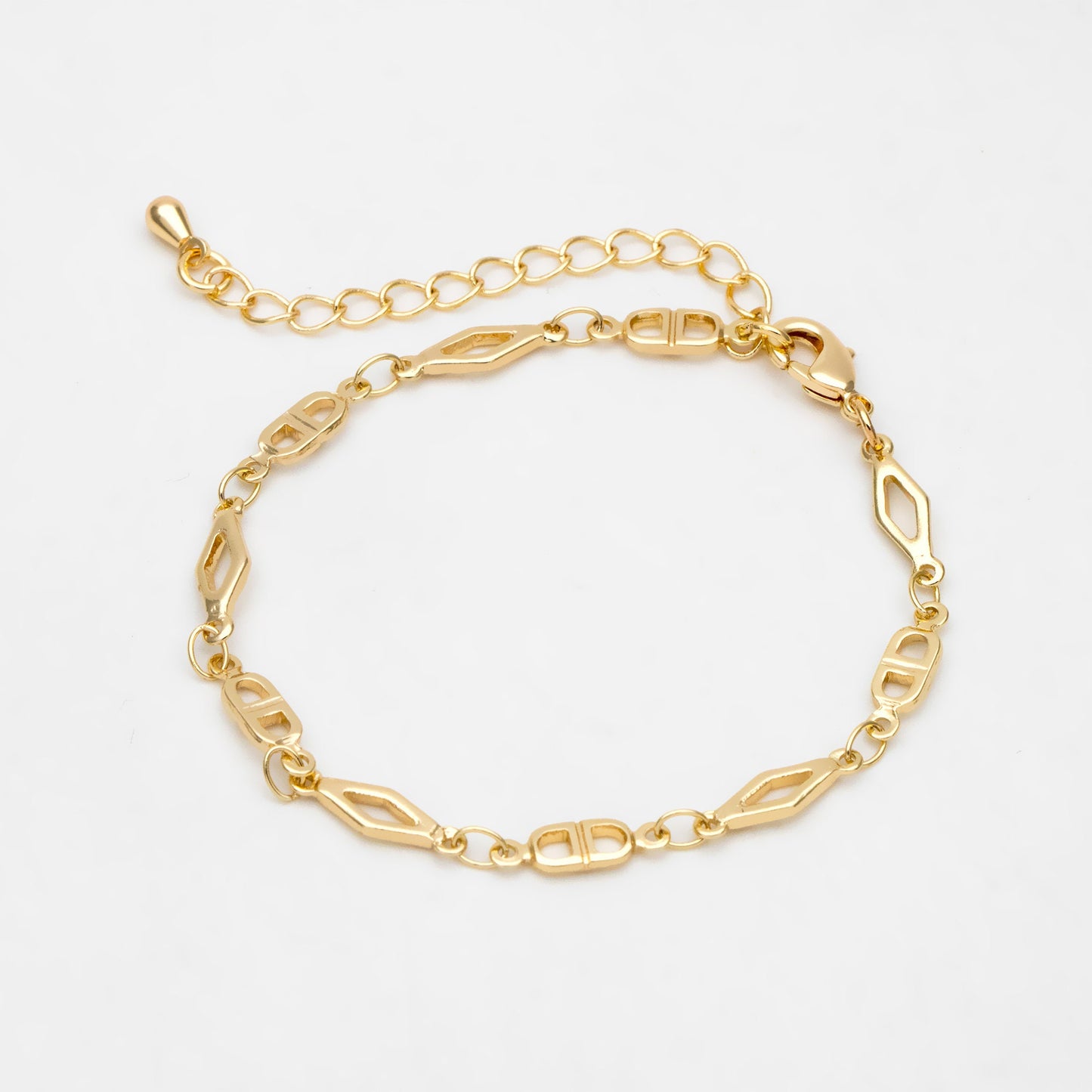 Gold Rhombus and Mariner Link Chain, Finished Bracelet/ Anklet/ Necklace with Extender Chain, Ready to Wear (#LK-398)