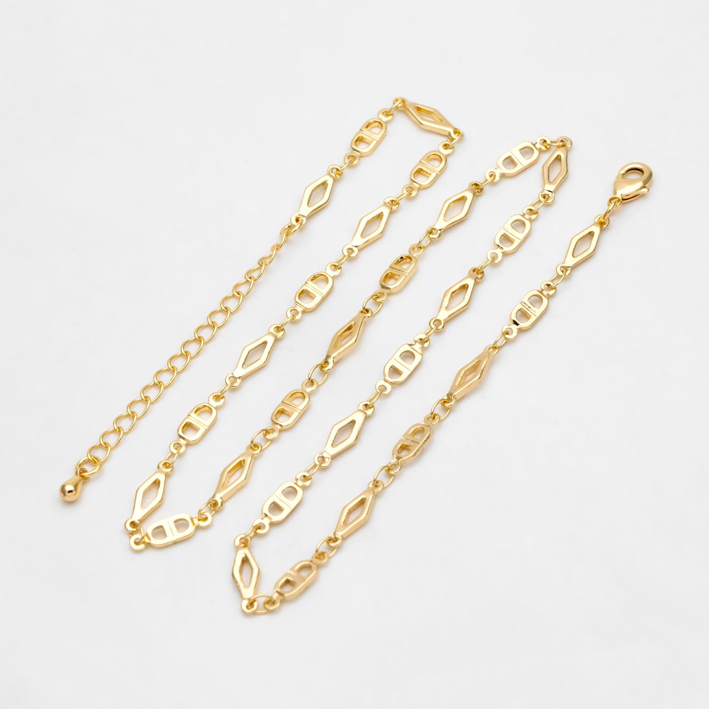 Gold Rhombus and Mariner Link Chain, Finished Bracelet/ Anklet/ Necklace with Extender Chain, Ready to Wear (#LK-398)