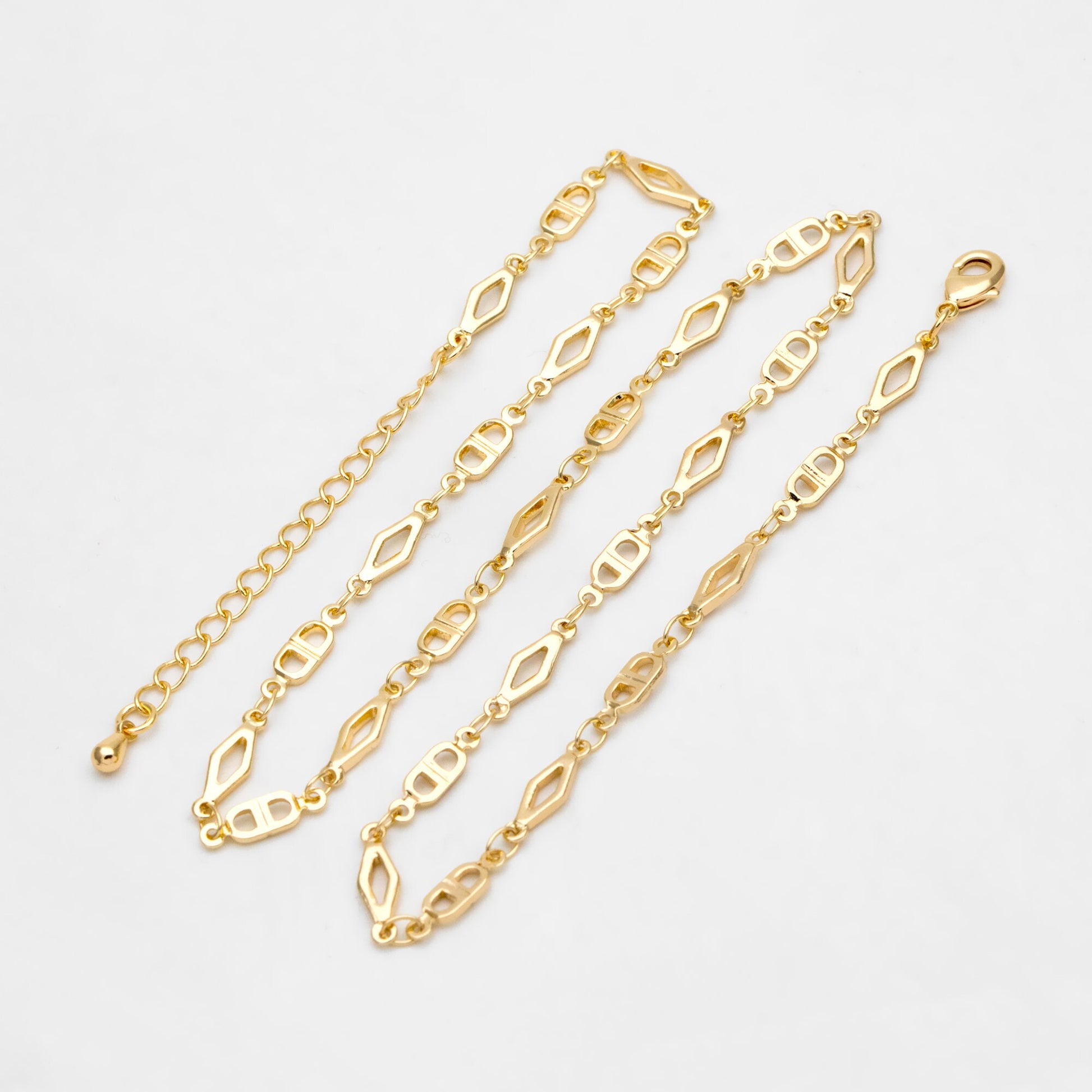 Gold Rhombus and Mariner Link Chain, Finished Bracelet/ Anklet/ Necklace with Extender Chain, Ready to Wear (#LK-398)