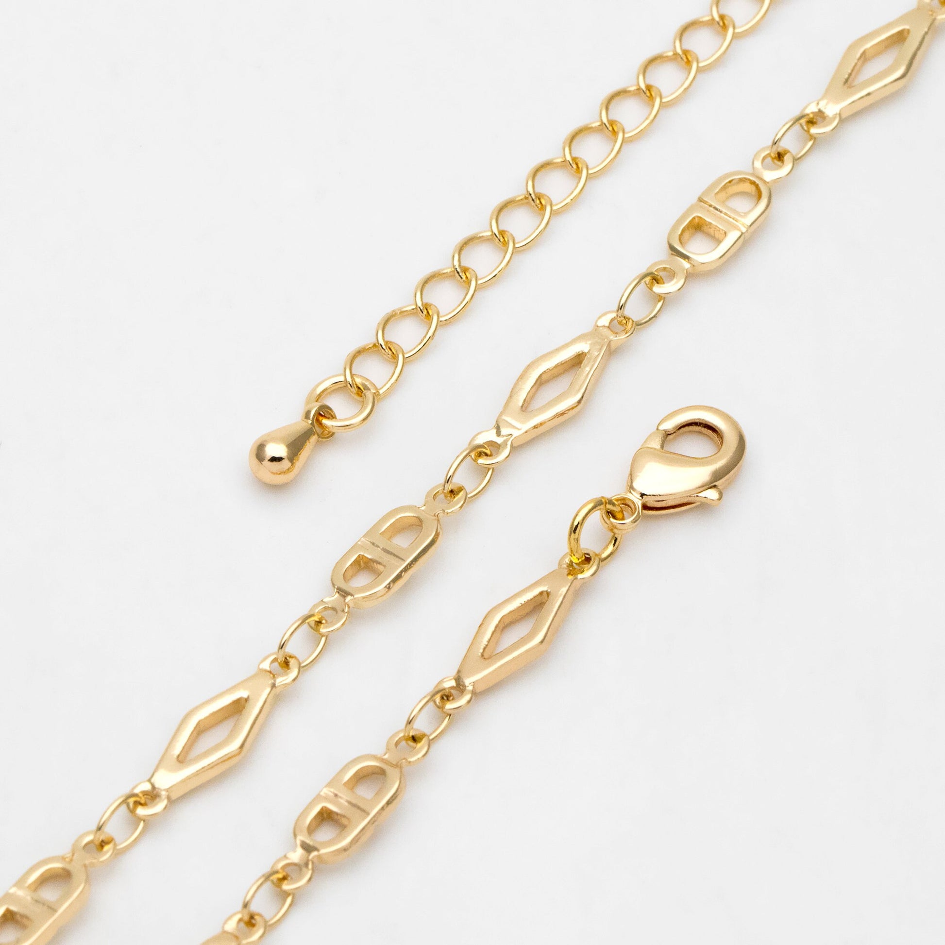 Gold Rhombus and Mariner Link Chain, Finished Bracelet/ Anklet/ Necklace with Extender Chain, Ready to Wear (#LK-398)