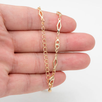 Gold Rhombus and Mariner Link Chain, Finished Bracelet/ Anklet/ Necklace with Extender Chain, Ready to Wear (#LK-398)
