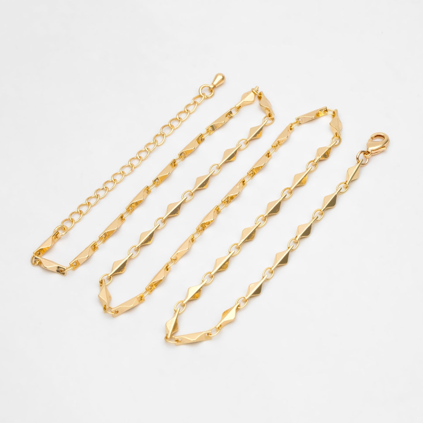 Gold Rhombus Link Chains 3.4mm, Finished Bracelet/ Anklet/ Necklace, Adjustable with Extender Chain, Ready to Wear (#LK-480)