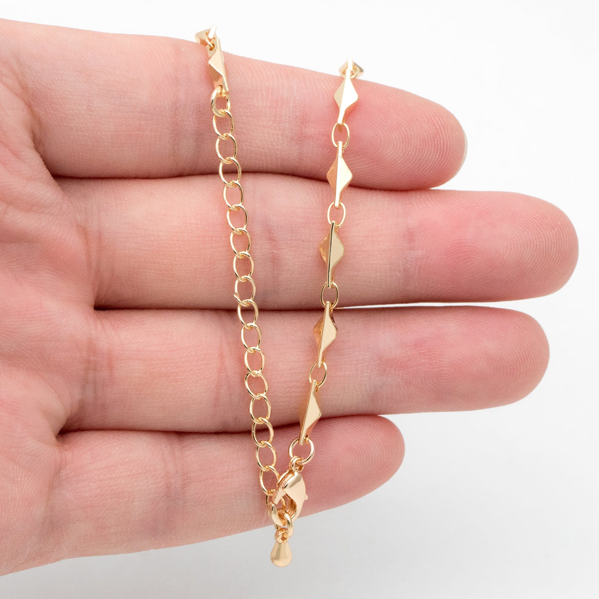 Gold Rhombus Link Chains 3.4mm, Finished Bracelet/ Anklet/ Necklace, Adjustable with Extender Chain, Ready to Wear (#LK-480)