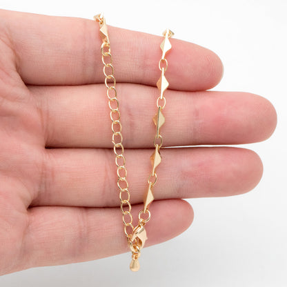 Gold Rhombus Link Chains 3.4mm, Finished Bracelet/ Anklet/ Necklace, Adjustable with Extender Chain, Ready to Wear (#LK-480)