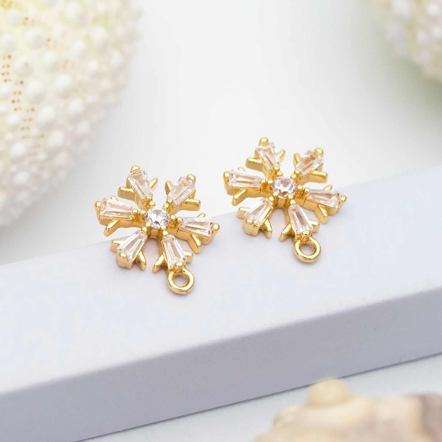 10pcs CZ Pave Snowflake Earring with Loop, 12mm, Real Gold Plated Brass Earrings, Sterling Silver Pin (GB-310)