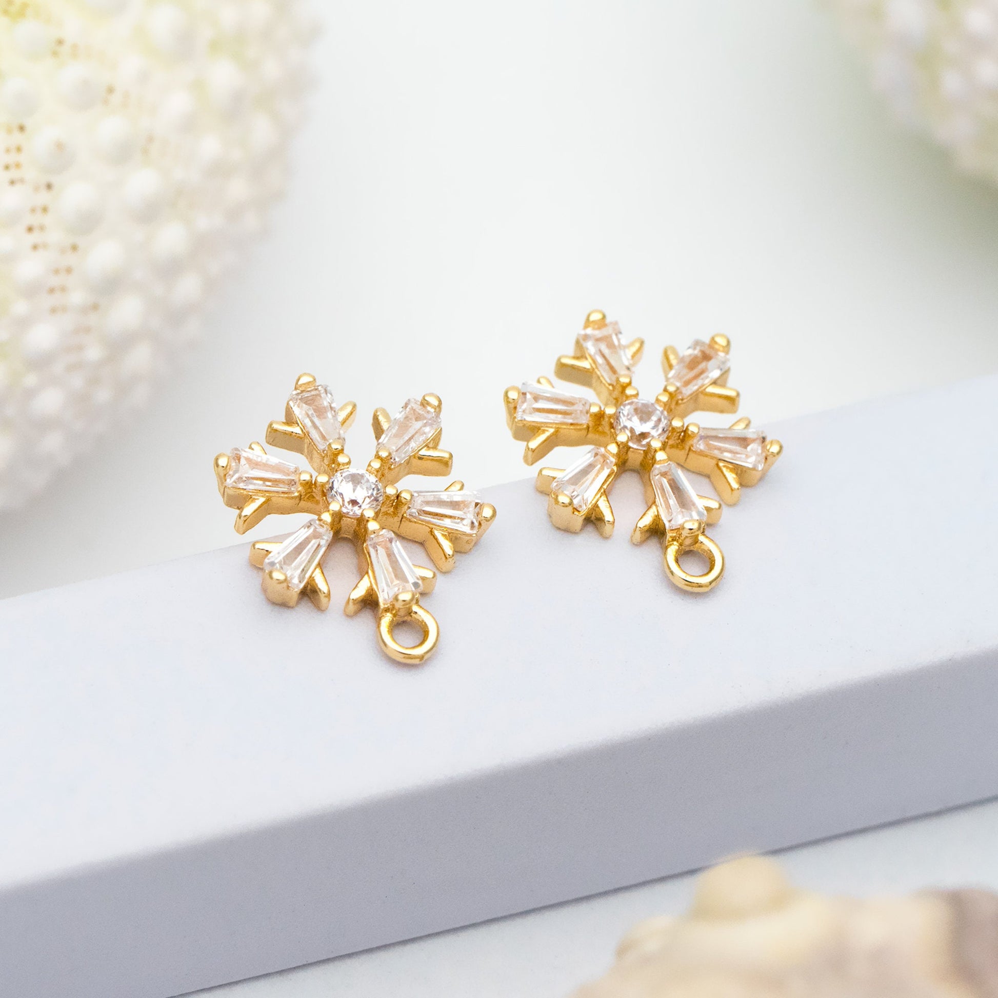 10pcs CZ Pave Snowflake Earring with Loop, 12mm, Real Gold Plated Brass Earrings, Sterling Silver Pin (GB-310)