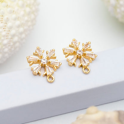 10pcs CZ Pave Snowflake Earring with Loop, 12mm, Real Gold Plated Brass Earrings, Sterling Silver Pin (GB-310)