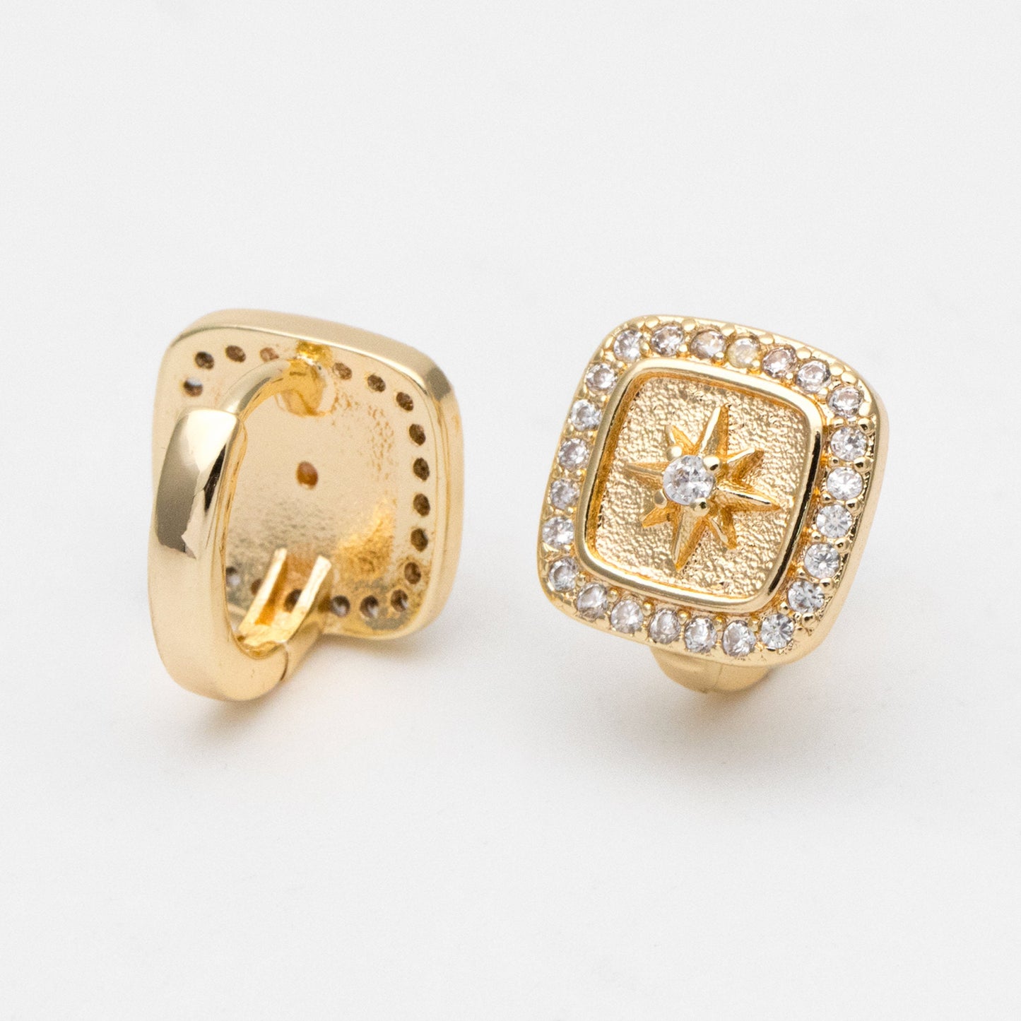 4pcs CZ Pave Square Star Hoop Earrings, 12mm, Dainty Huggie Earrings, Minimalist Earring, Small Gold Hoops Earring (GB-3894-A)