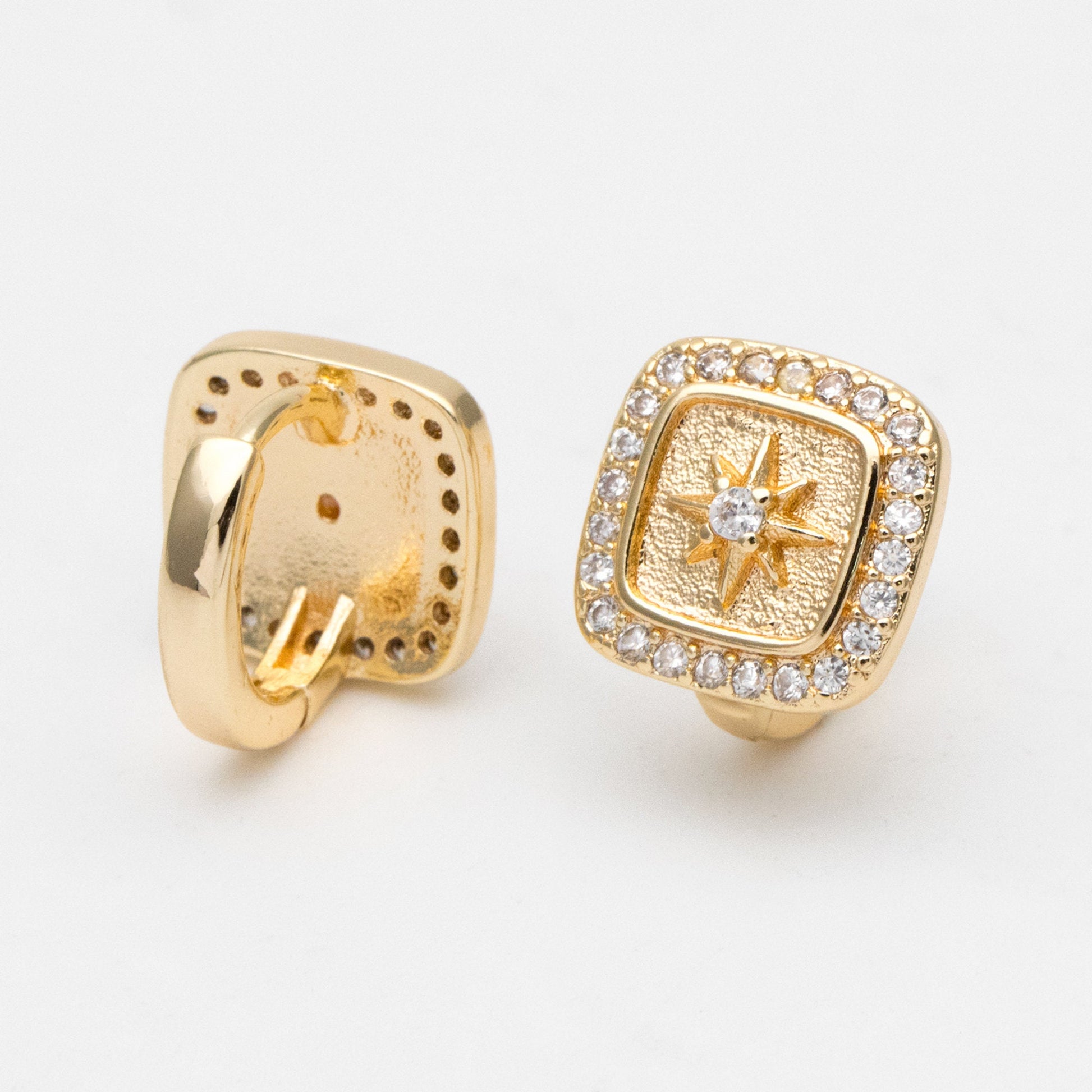 4pcs CZ Pave Square Star Hoop Earrings, 12mm, Dainty Huggie Earrings, Minimalist Earring, Small Gold Hoops Earring (GB-3894-A)