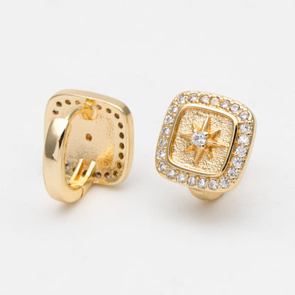 4pcs CZ Pave Square Star Hoop Earrings, 12mm, Dainty Huggie Earrings, Minimalist Earring, Small Gold Hoops Earring (GB-3894-A)