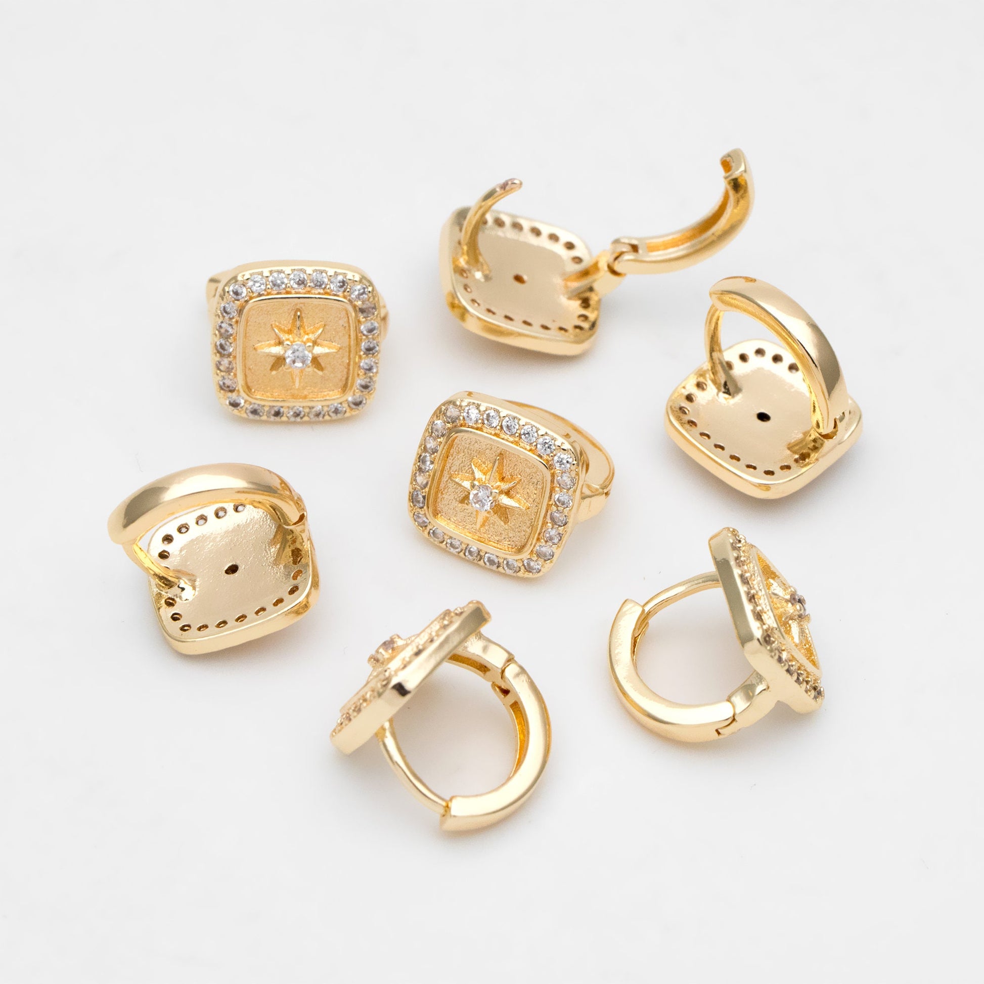 4pcs CZ Pave Square Star Hoop Earrings, 12mm, Dainty Huggie Earrings, Minimalist Earring, Small Gold Hoops Earring (GB-3894-A)