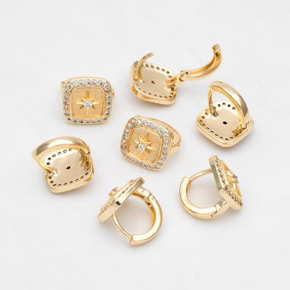 4pcs CZ Pave Square Star Hoop Earrings, 12mm, Dainty Huggie Earrings, Minimalist Earring, Small Gold Hoops Earring (GB-3894-A)