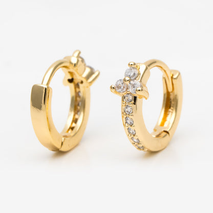 4pcs CZ Pave Tiny Flower Hoop Earrings, 12mm, Dainty Huggie Earrings, Minimalist Earring, Small Gold Hoops Earring (GB-3477-A)