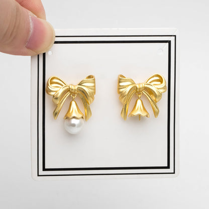 4pcs Matte Gold plated Brass Christmas Bowknot Earring, 18x20mm, Half Drilled Pearl Mounts, Pearl Earring Settings (GB-3473)
