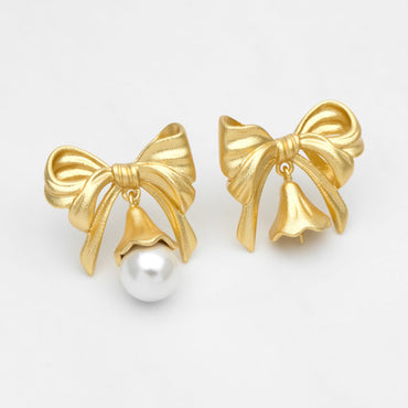 4pcs Matte Gold plated Brass Christmas Bowknot Earring, 18x20mm, Half Drilled Pearl Mounts, Pearl Earring Settings (GB-3473)