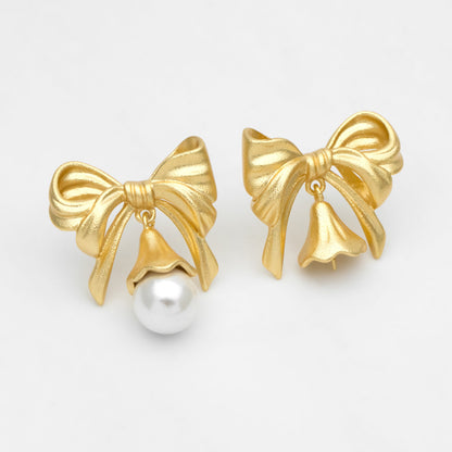 4pcs Matte Gold plated Brass Christmas Bowknot Earring, 18x20mm, Half Drilled Pearl Mounts, Pearl Earring Settings (GB-3473)