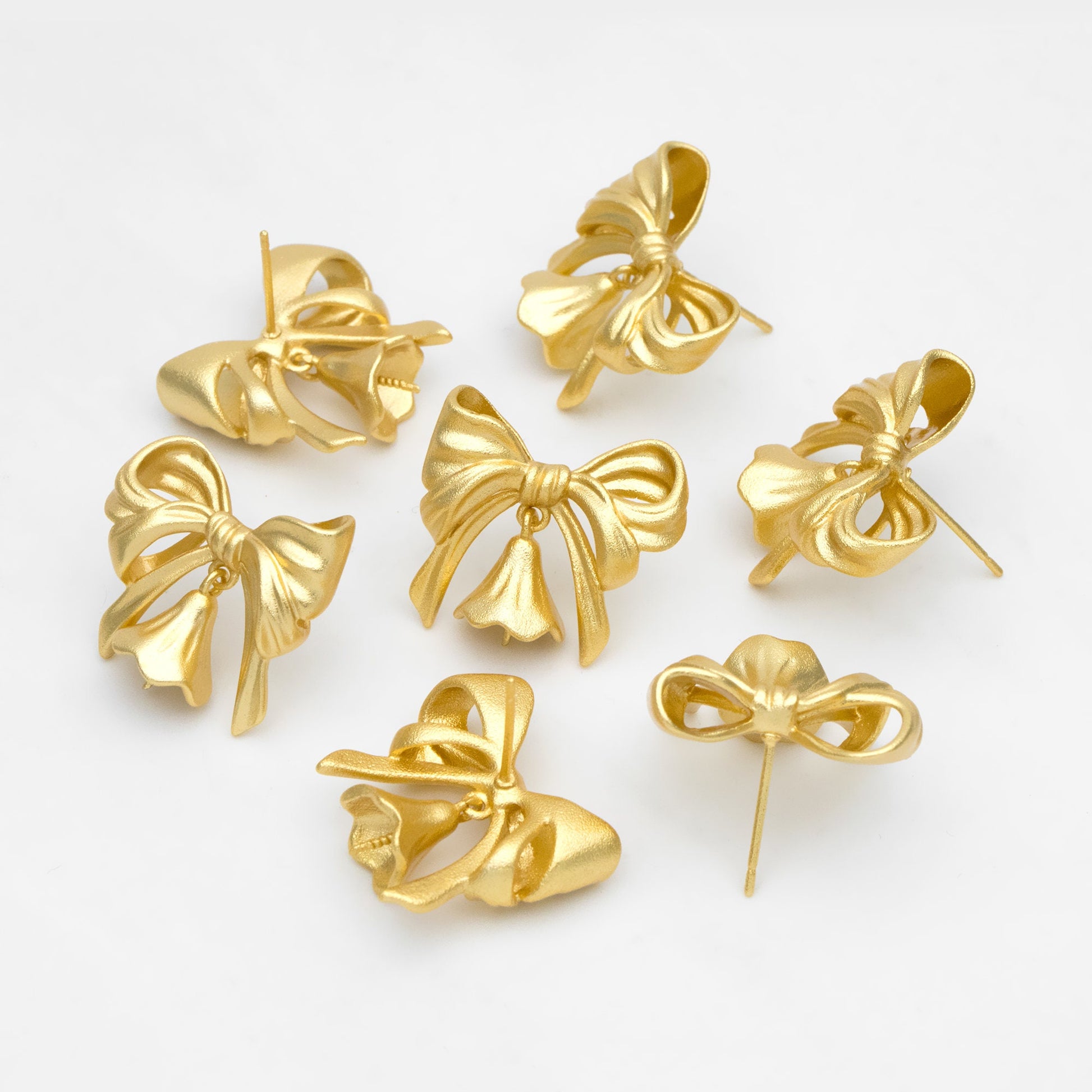 4pcs Matte Gold plated Brass Christmas Bowknot Earring, 18x20mm, Half Drilled Pearl Mounts, Pearl Earring Settings (GB-3473)