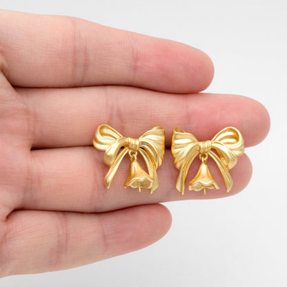 4pcs Matte Gold plated Brass Christmas Bowknot Earring, 18x20mm, Half Drilled Pearl Mounts, Pearl Earring Settings (GB-3473)