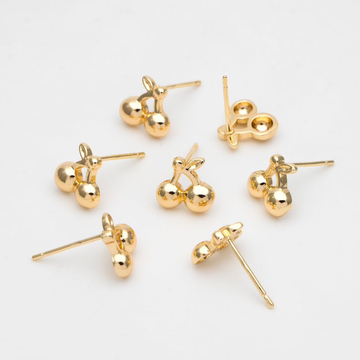 10pcs Gold Cherry Ear Posts 9mm, Real Gold Plated Brass Minimalist Stud Earrings (#GB-3495)