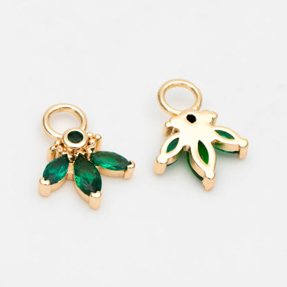 4pcs Emerald CZ Pave Flower Charm 12x9mm, Real Gold plated Brass Leaf Pendants (GB-4130-A)