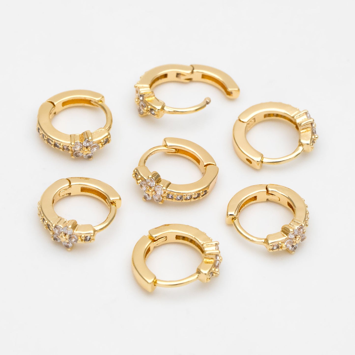 4pcs CZ Pave Tiny Flower Hoop Earrings 10mm, Dainty Huggie Earrings, Minimalist Earring, Small Gold Hoops Earring (GB-3399-C)