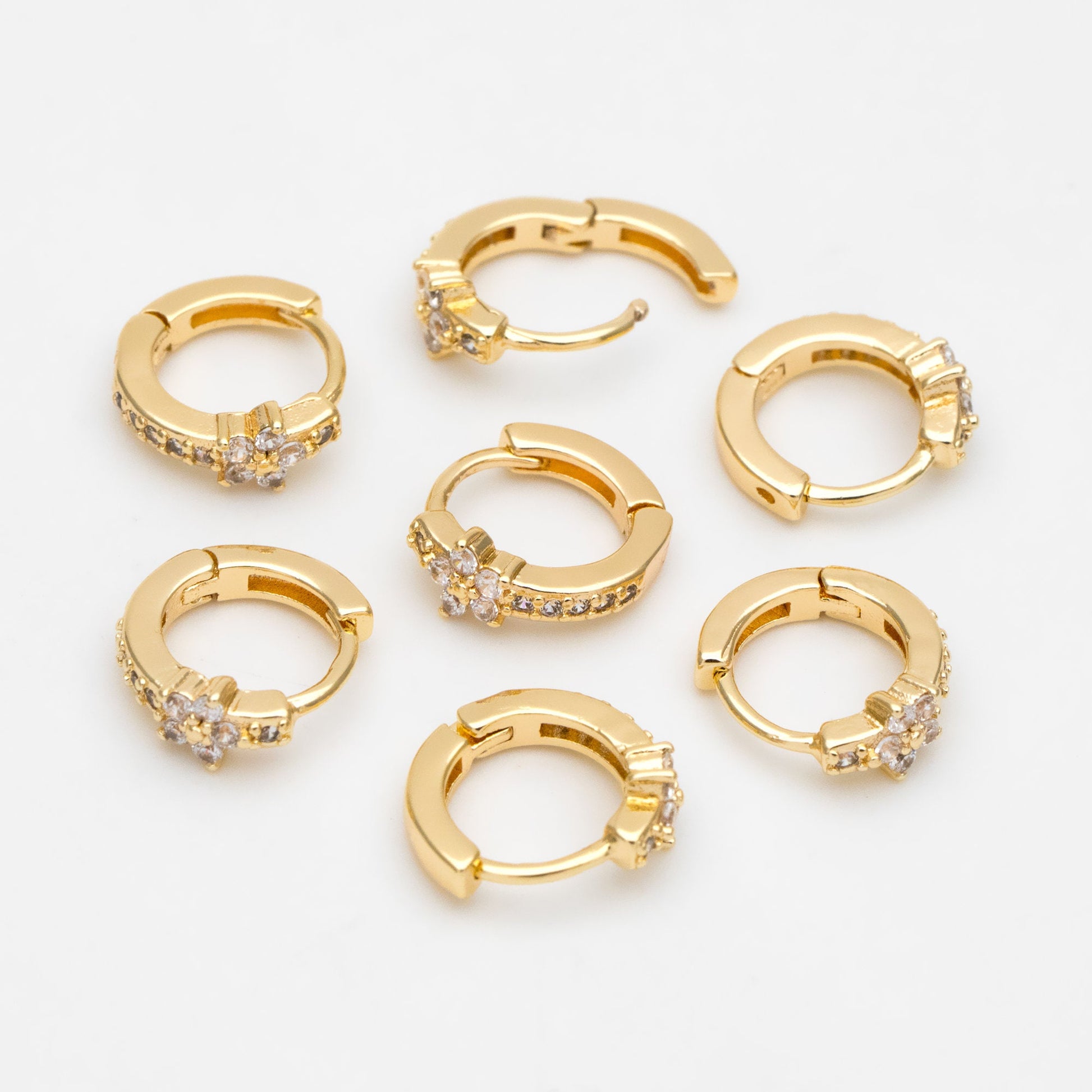 4pcs CZ Pave Tiny Flower Hoop Earrings 10mm, Dainty Huggie Earrings, Minimalist Earring, Small Gold Hoops Earring (GB-3399-C)