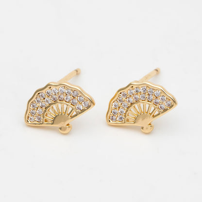 4pcs CZ Pave Gold Fan Shape Earring Posts, Gold Plated Brass Fan Stud Earrings (#GB-3481)