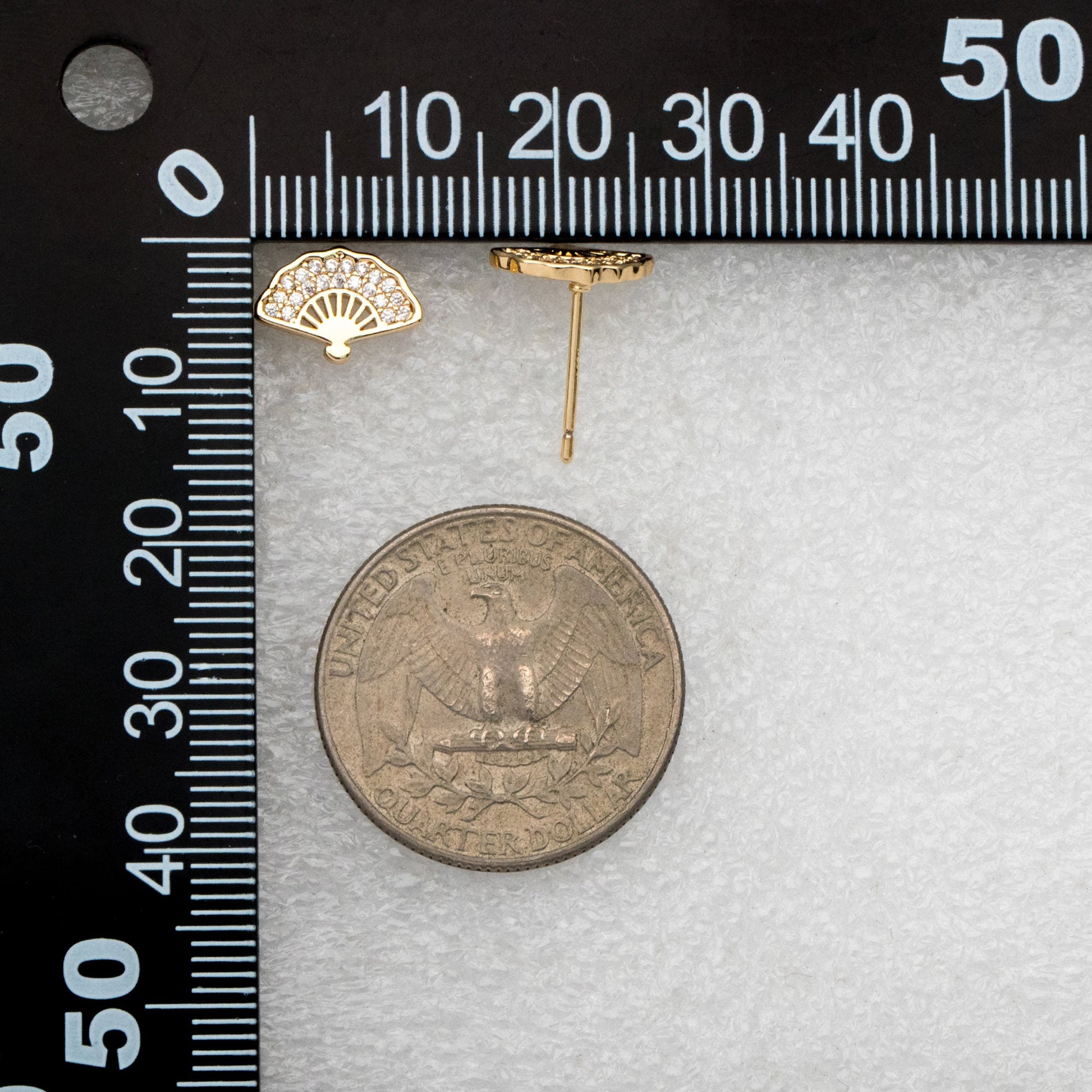 4pcs CZ Pave Gold Fan Shape Earring Posts, Gold Plated Brass Fan Stud Earrings (#GB-3481)