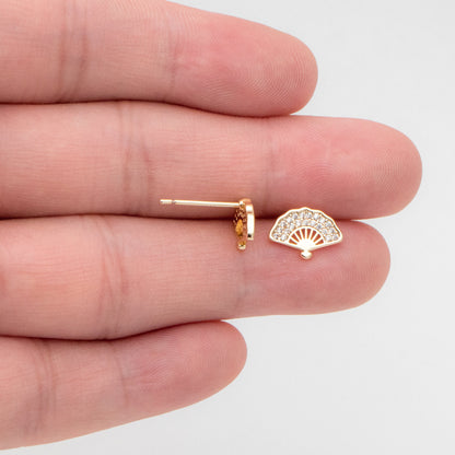 4pcs CZ Pave Gold Fan Shape Earring Posts, Gold Plated Brass Fan Stud Earrings (#GB-3481)