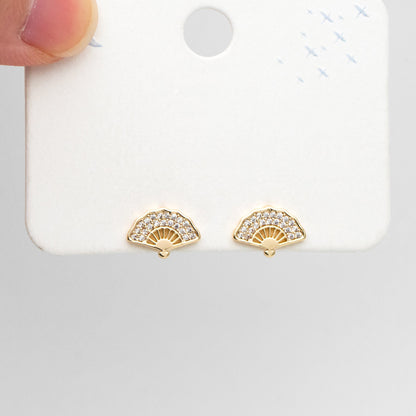 4pcs CZ Pave Gold Fan Shape Earring Posts, Gold Plated Brass Fan Stud Earrings (#GB-3481)