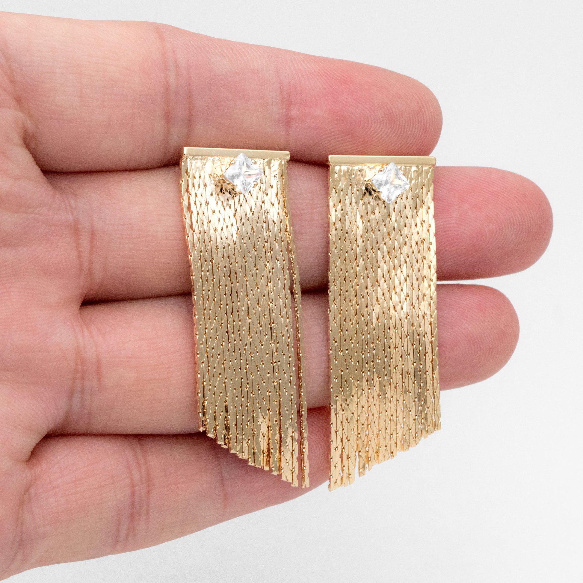 4pcs CZ Pave Chain Tassel Earrings, Long Tassel Stud Earring, Gold Dangling Earrings, Minimalist Earrings (GB-3483)