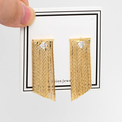 4pcs CZ Pave Chain Tassel Earrings, Long Tassel Stud Earring, Gold Dangling Earrings, Minimalist Earrings (GB-3483)