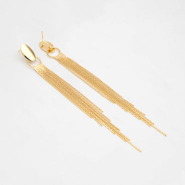 4pcs Gold Oval Disc Tassel Earring, 120mm, 18K Gold plated Brass Dangling Stud Earring (GB-3485)