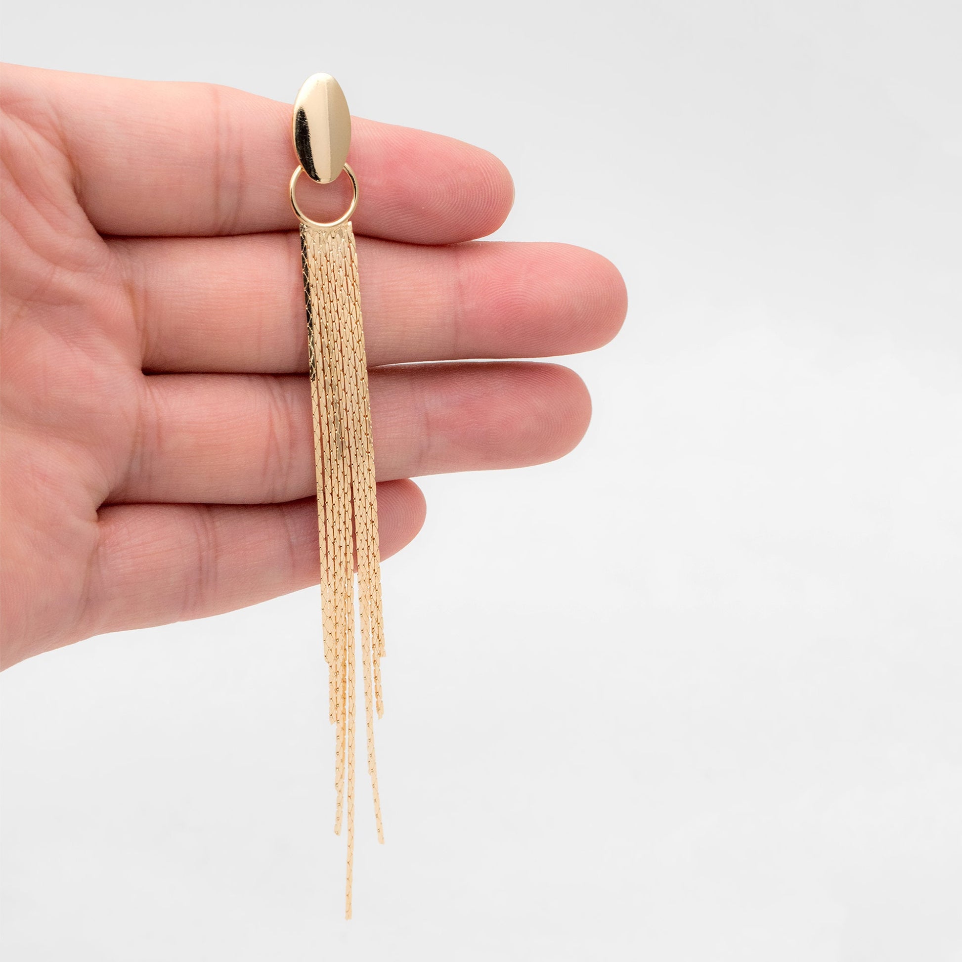 4pcs Gold Oval Disc Tassel Earring, 120mm, 18K Gold plated Brass Dangling Stud Earring (GB-3485)