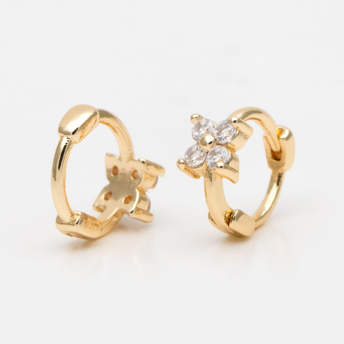 4pcs CZ Pave Tiny Flower Hoop Earrings 8mm, Dainty Huggie Earrings, Minimalist Earring, Small Gold Hoops Earring (GB-3474-G)