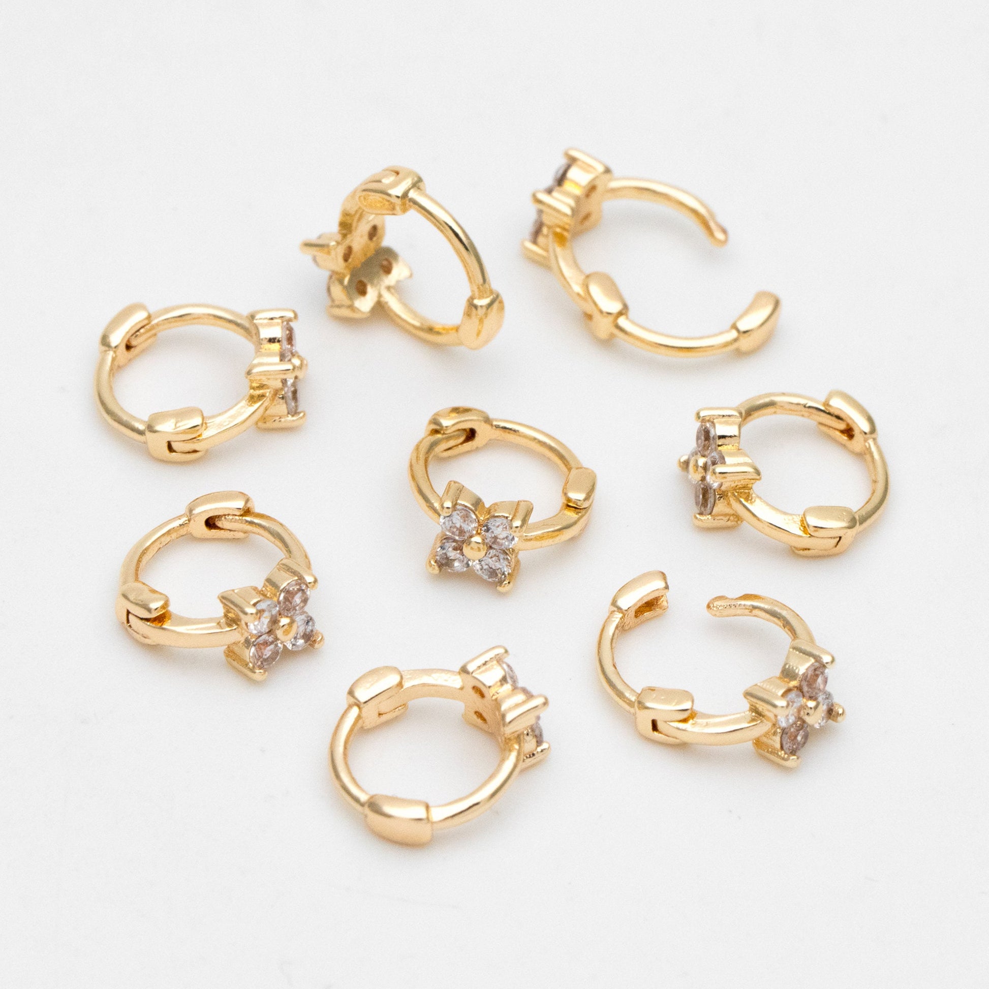 4pcs CZ Pave Tiny Flower Hoop Earrings 8mm, Dainty Huggie Earrings, Minimalist Earring, Small Gold Hoops Earring (GB-3474-G)