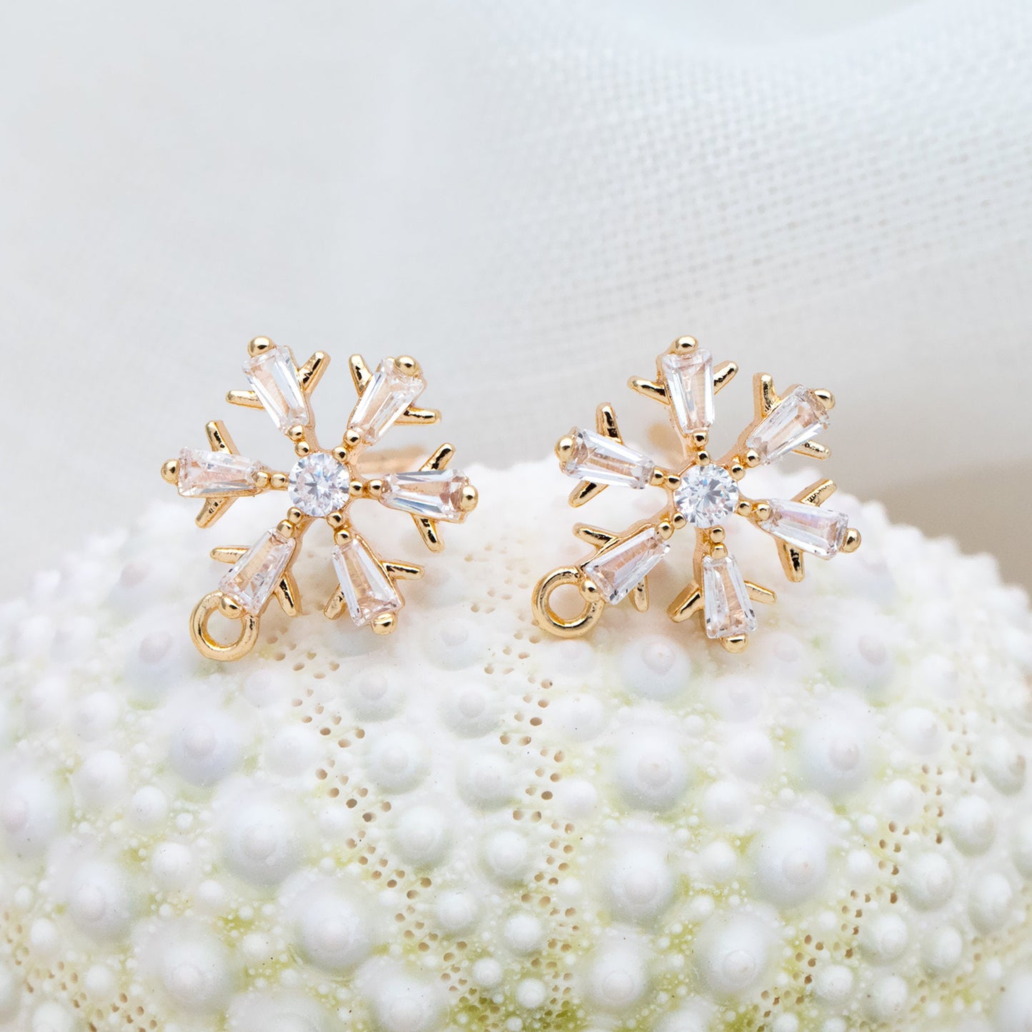 10pcs CZ Pave Snowflake Earring with Loop, 12mm, Real Gold Plated Brass Earrings, Sterling Silver Pin (GB-310)
