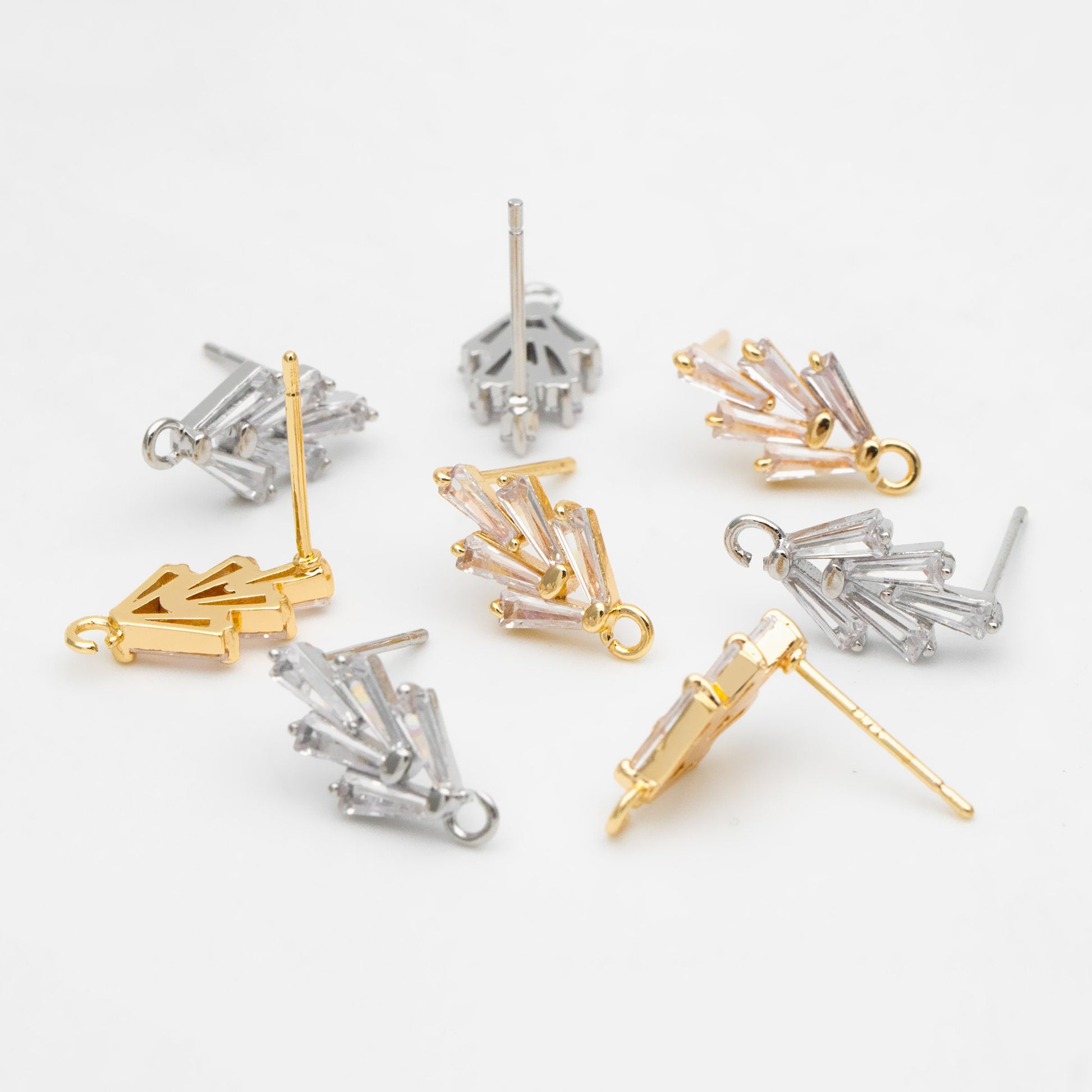 10pcs CZ pave Leaf Ear Posts 15x8mm, Gold/ Rhodium plated Brass, Dainty Stud Earrings, Sterling Silver Pin (#GB-314)