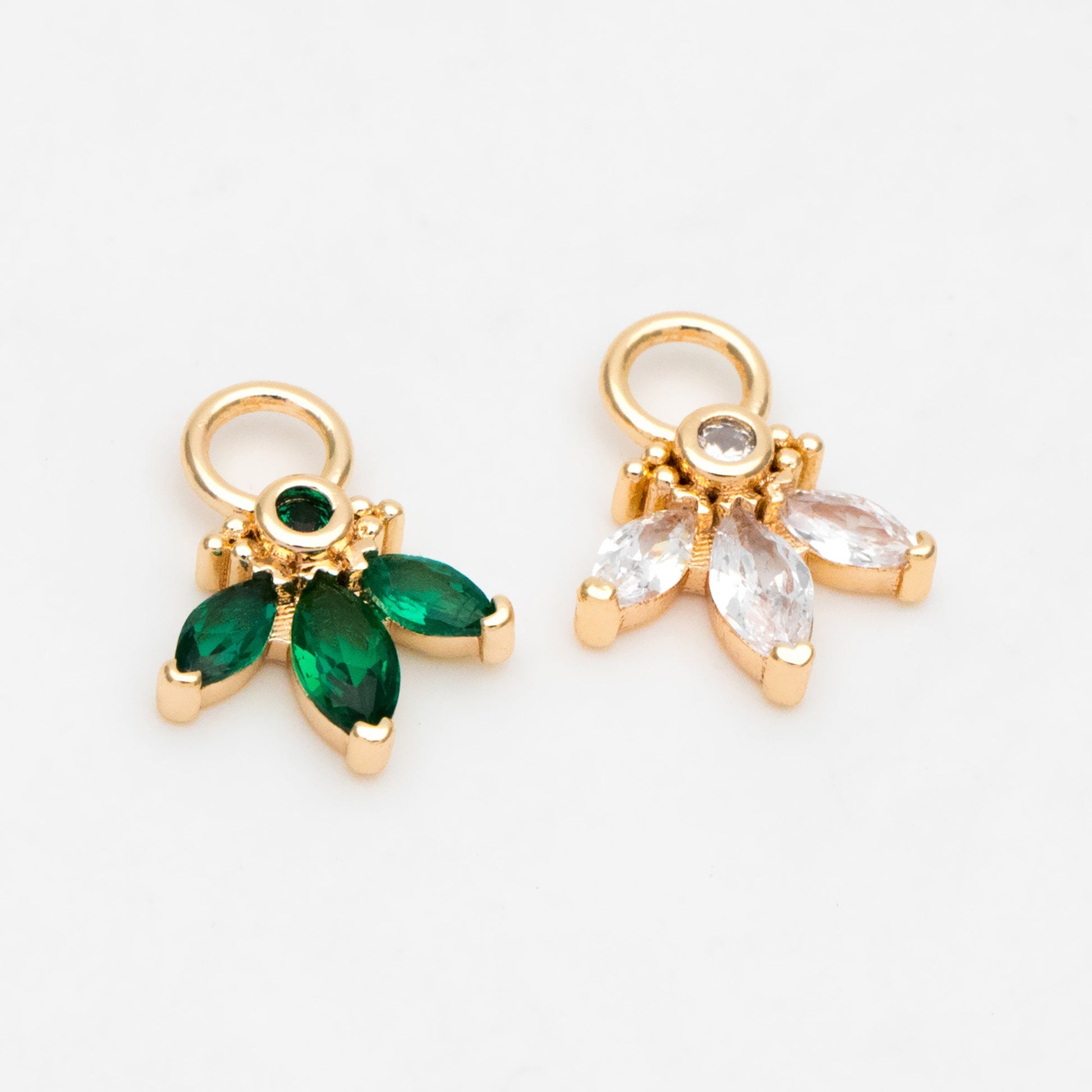 4pcs Emerald CZ Pave Flower Charm 12x9mm, Real Gold plated Brass Leaf Pendants (GB-4130-A)