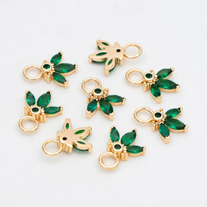 4pcs Emerald CZ Pave Flower Charm 12x9mm, Real Gold plated Brass Leaf Pendants (GB-4130-A)