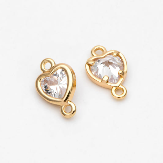 10pcs CZ pave Heart Connectors 9x5mm/ 10x7mm, Gold Plated Brass Heart Charm Pendants (GB-2819)