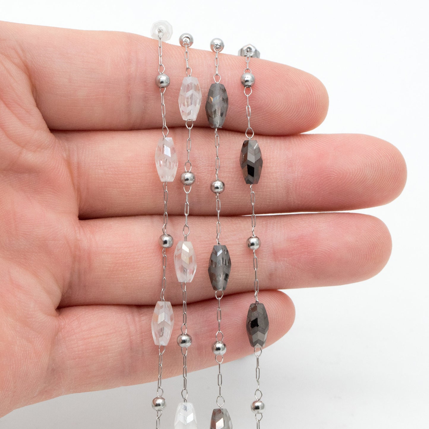 Stainless Steel Glass Beaded Chains, Clear AB Beads (#LK-588-1)/ 1 Meter=3.3 ft